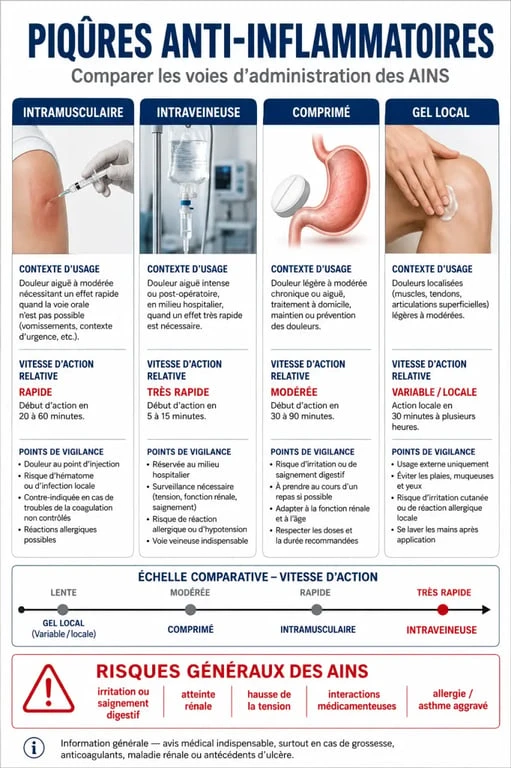 Piqures anti inflammatoires : schéma comparatif des injections, comprimés et gel avec usages, rapidité et risques