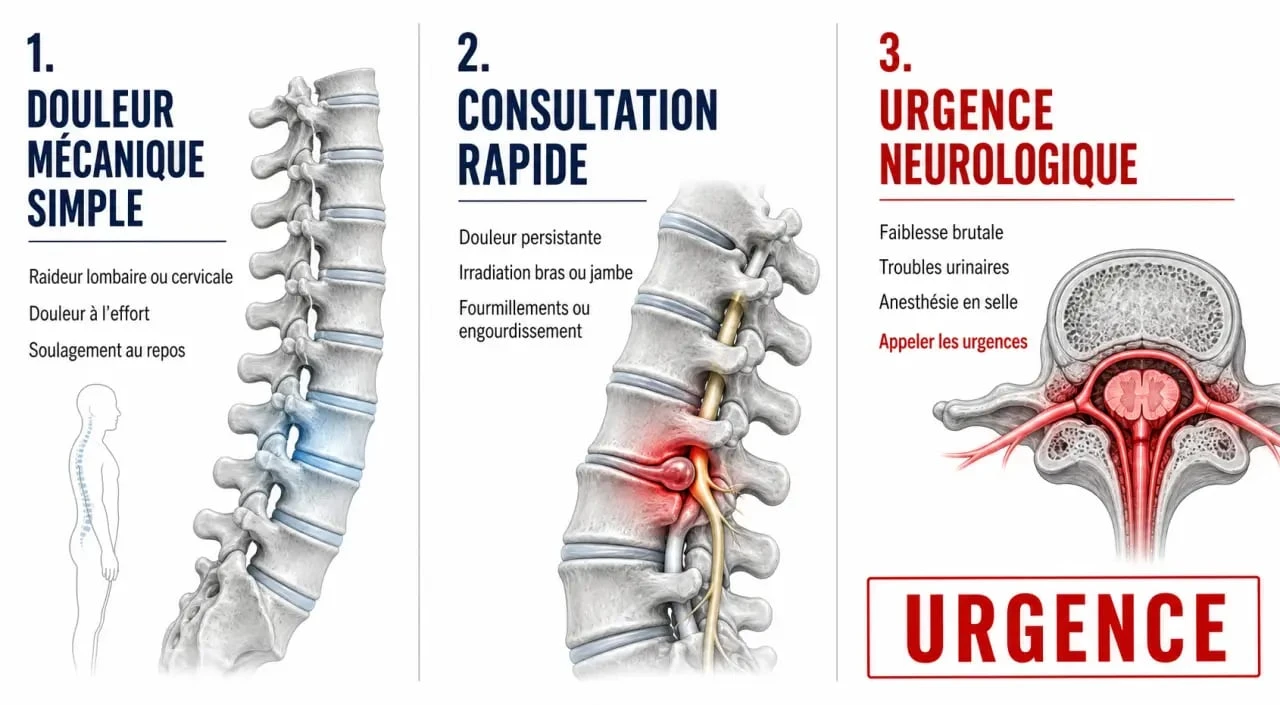 Signes d’alerte de la spondylose : douleur simple, consultation rapide et urgence