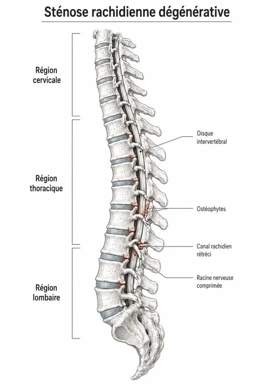 Schéma de la spondylose montrant les disques intervertébraux, les ostéophytes et la compression du canal rachidien
