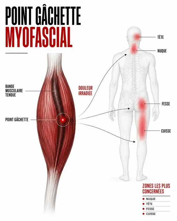 Points gâchettes : schéma des zones de douleur irradiée et des muscles concernés
