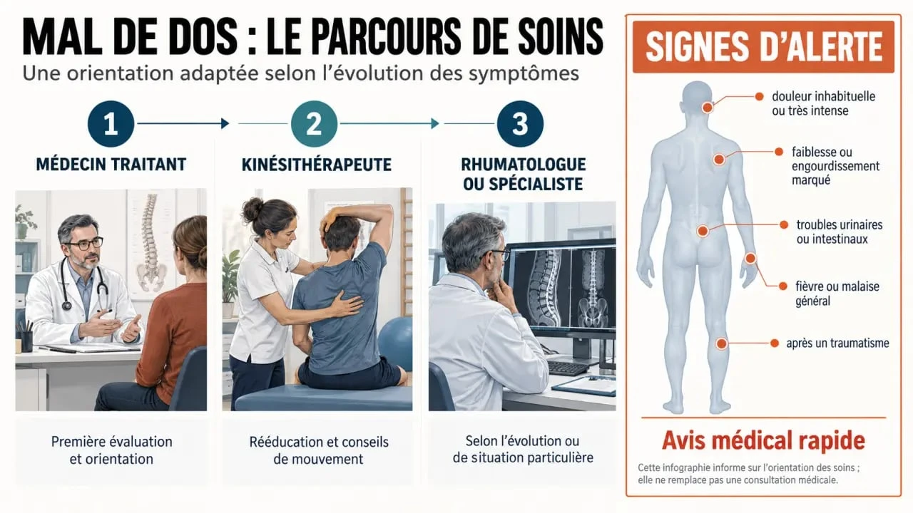 Qui voir pour mal de dos : parcours de soins et signes d’alerte