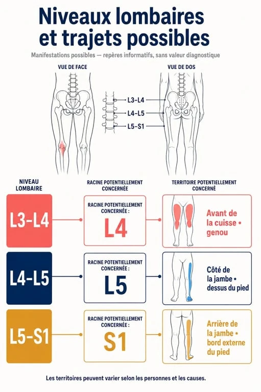 Infographie des racines nerveuses et symptômes possibles associés aux conflits disco-radiculaires lombaires