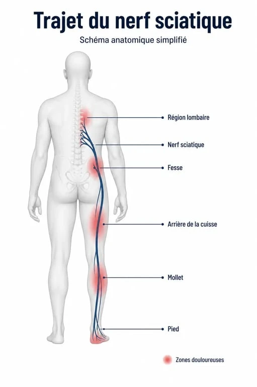 Stress sciatique : schéma du trajet du nerf sciatique et zones de douleur