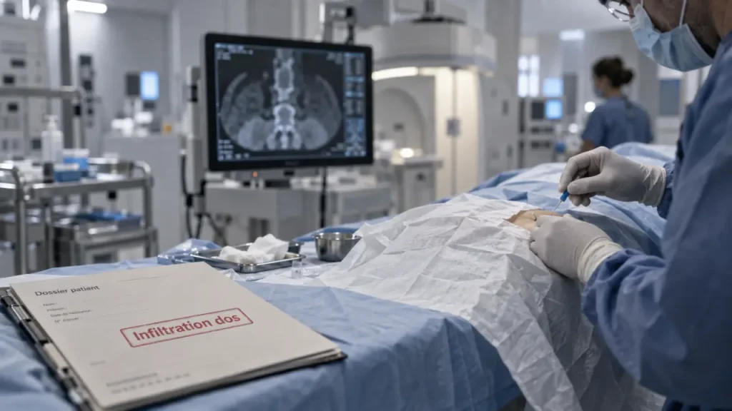 Infiltration dans le dos en salle de radiologie, geste médical guidé par image