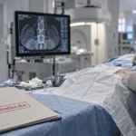 Infiltration dans le dos en salle de radiologie, geste médical guidé par image