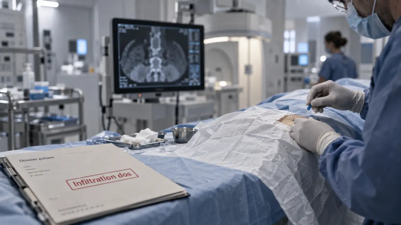 Infiltration dans le dos en salle de radiologie, geste médical guidé par image