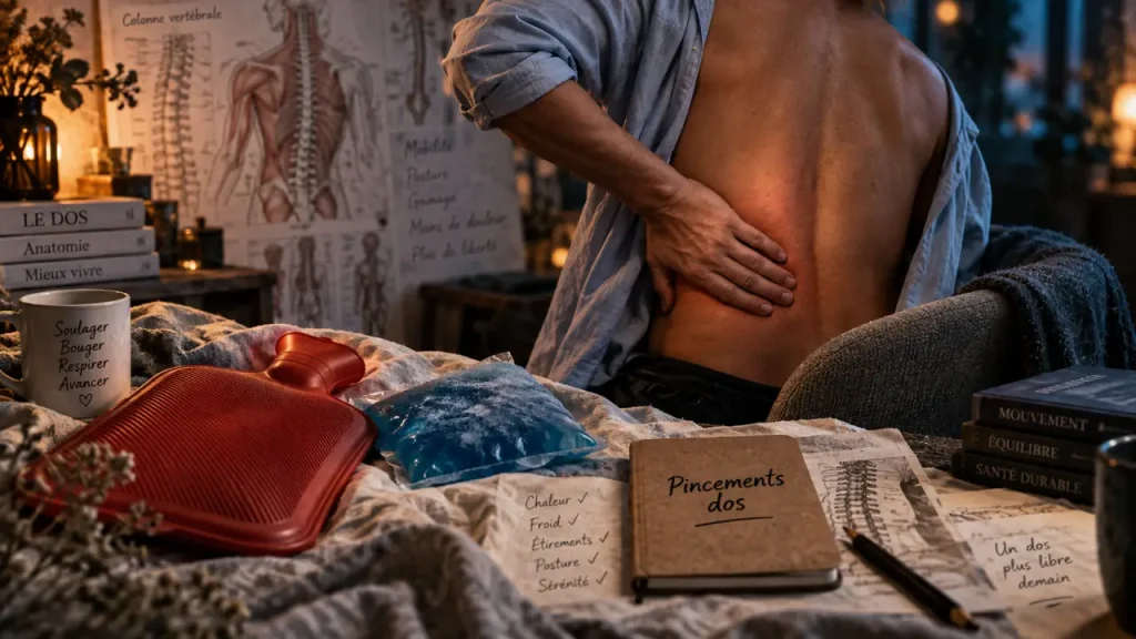 Pincements dans le dos : main sur la douleur, bouillotte et schéma anatomique flou