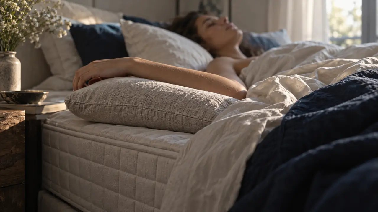 Position pour soulager tendinite épaule : bras soutenu sur le dos, coussin sous l’avant-bras