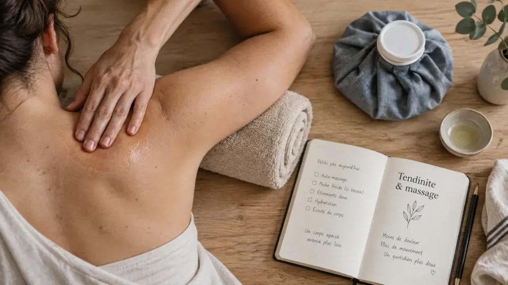 Tendinite épaule massage : poche froide et massage doux du trapèze