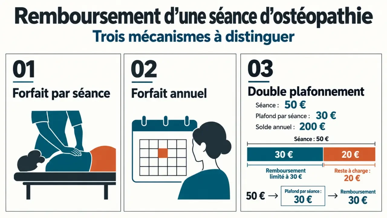 Infographie sur le remboursement d’une séance d’ostéopathe remboursé par la mutuelle selon le forfait et le plafond annuel