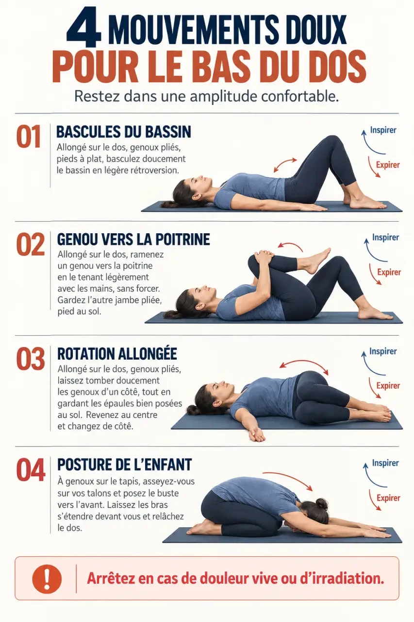 Illustration des quatre mouvements d’étirement lombaire à réaliser en douceur