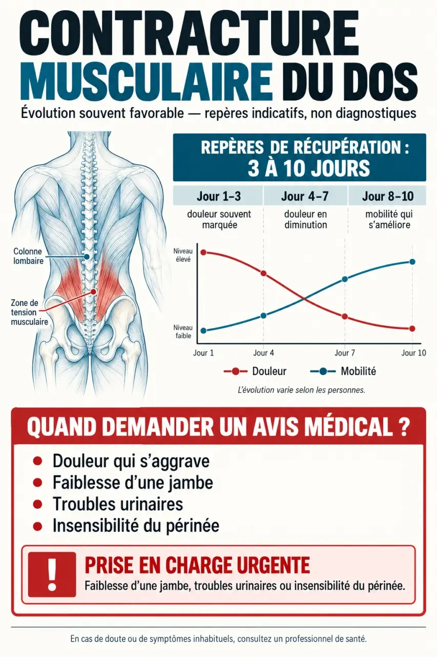 Infographie sur le temps de guérison d’une contracture musculaire du dos et les signes d’alerte