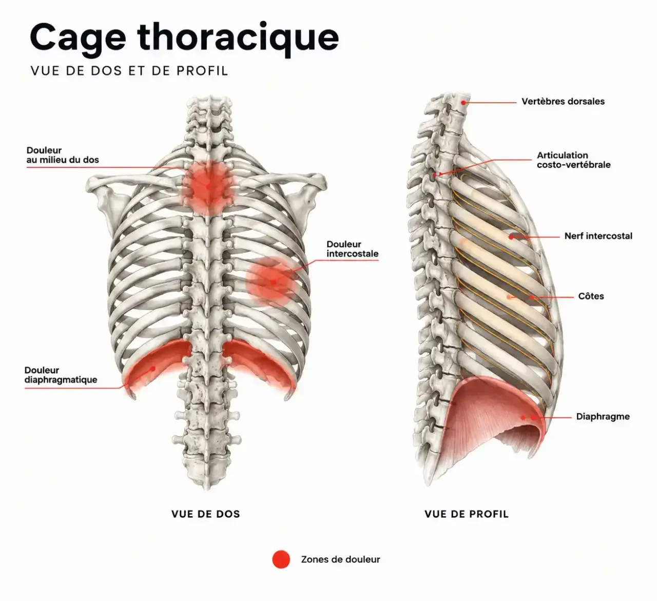 Schéma de la cage thoracique expliquant le mal au dos quand je respire : côtes, vertèbres dorsales, nerf intercostal et diaphragme