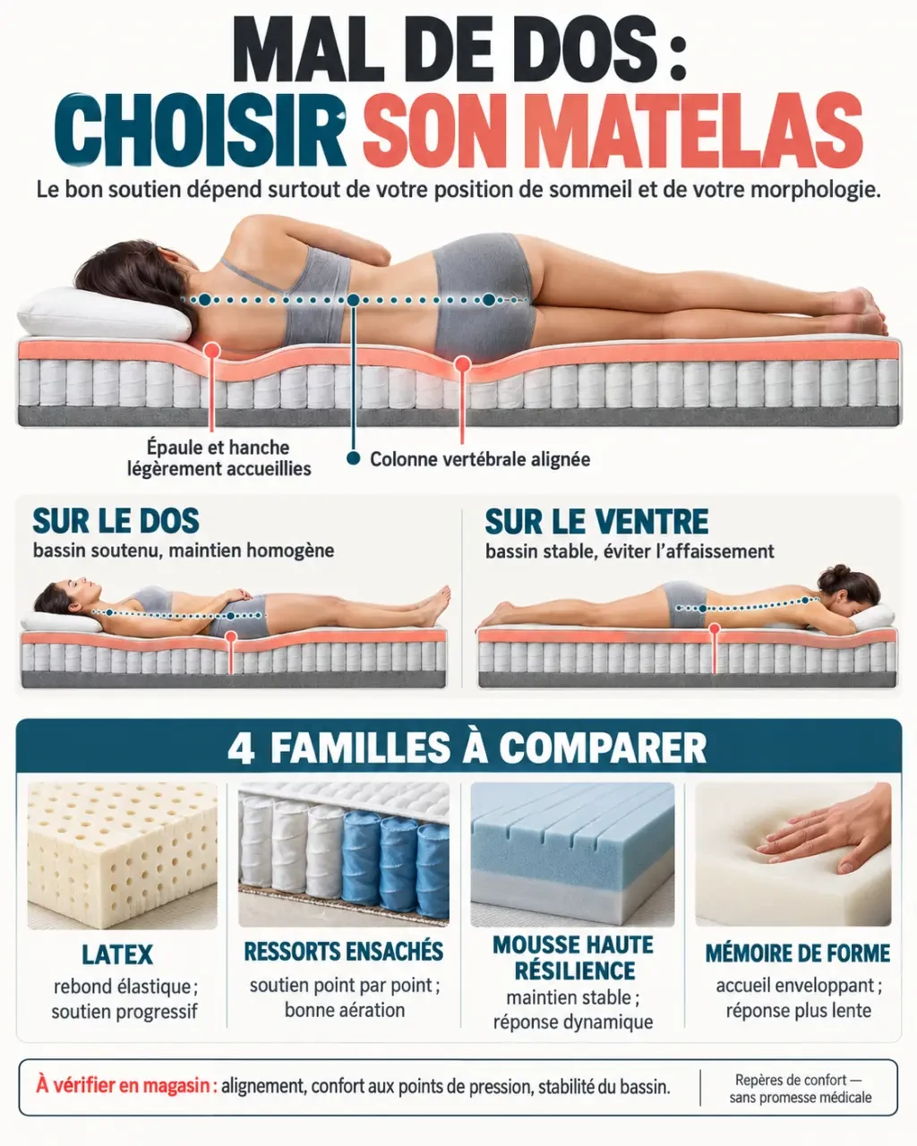 Infographie pour choisir quel matelas pour mal de dos selon la position de sommeil et le soutien
