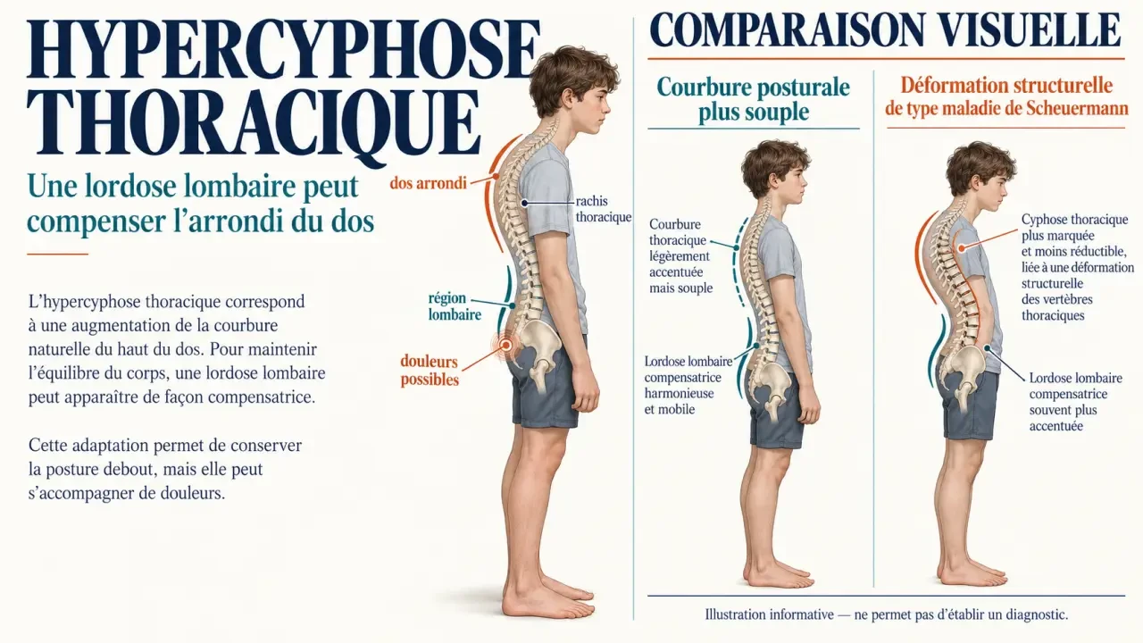Infographie sur les symptômes de la maladie de Scheuermann, l’hypercyphose thoracique et la lordose lombaire compensatrice