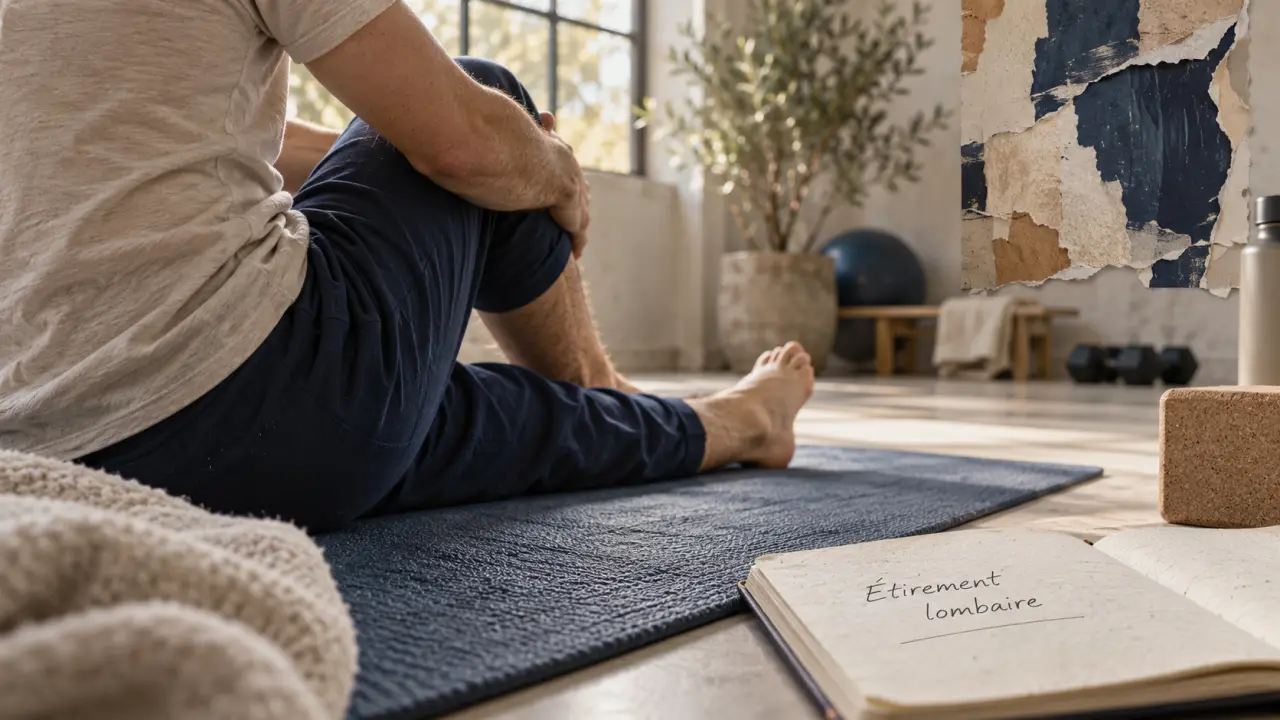 Etirement lombaire : mouvement doux genou vers poitrine bas du dos
