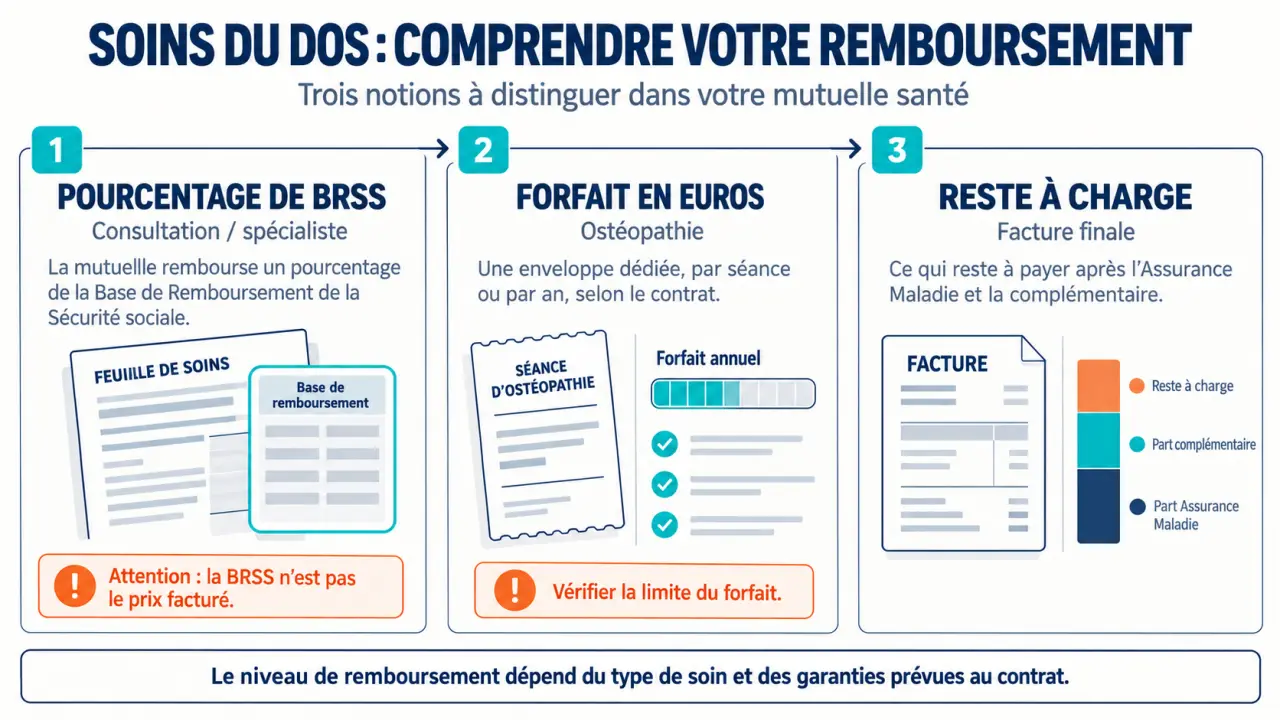 Mutuelle santé et soins du dos : différence entre BRSS, forfait en euros et reste à charge