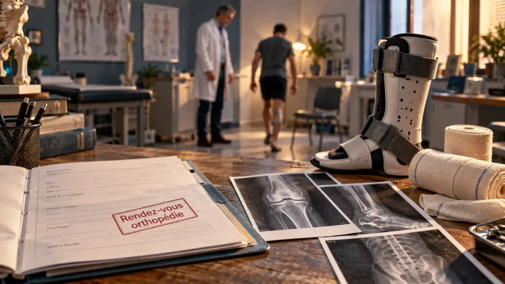 L'orthopédiste examine radiographies et attelle en consultation