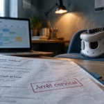 Opération cervicales arrêt de travail : dossier médical et minerve sur bureau